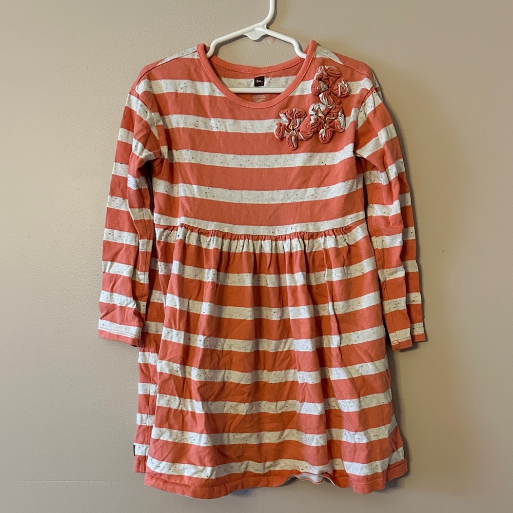 Girls' Coral and White Striped Long-Sleeve Dress